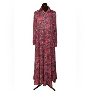 CHAUDRY Boho Pink Blue Floral Paisley Tiered Maxi Long Dress Size Large